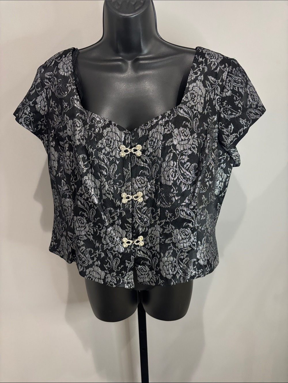 Vintage 90’s Hampton Nites Black & Silver Brocade Cap-Sleeve Corset Top Sz XL